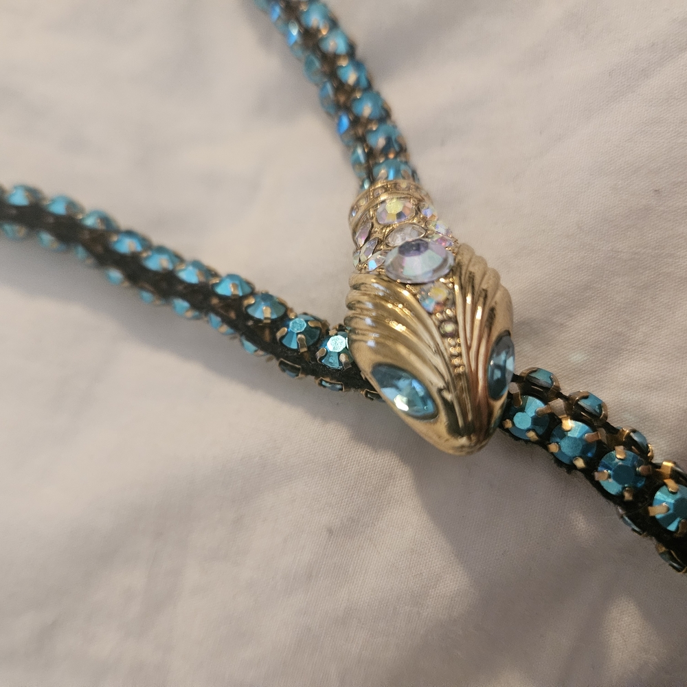 Betsey Johnson Vintage Gold and Blue Crystal Necklace with Intricate Detailing
